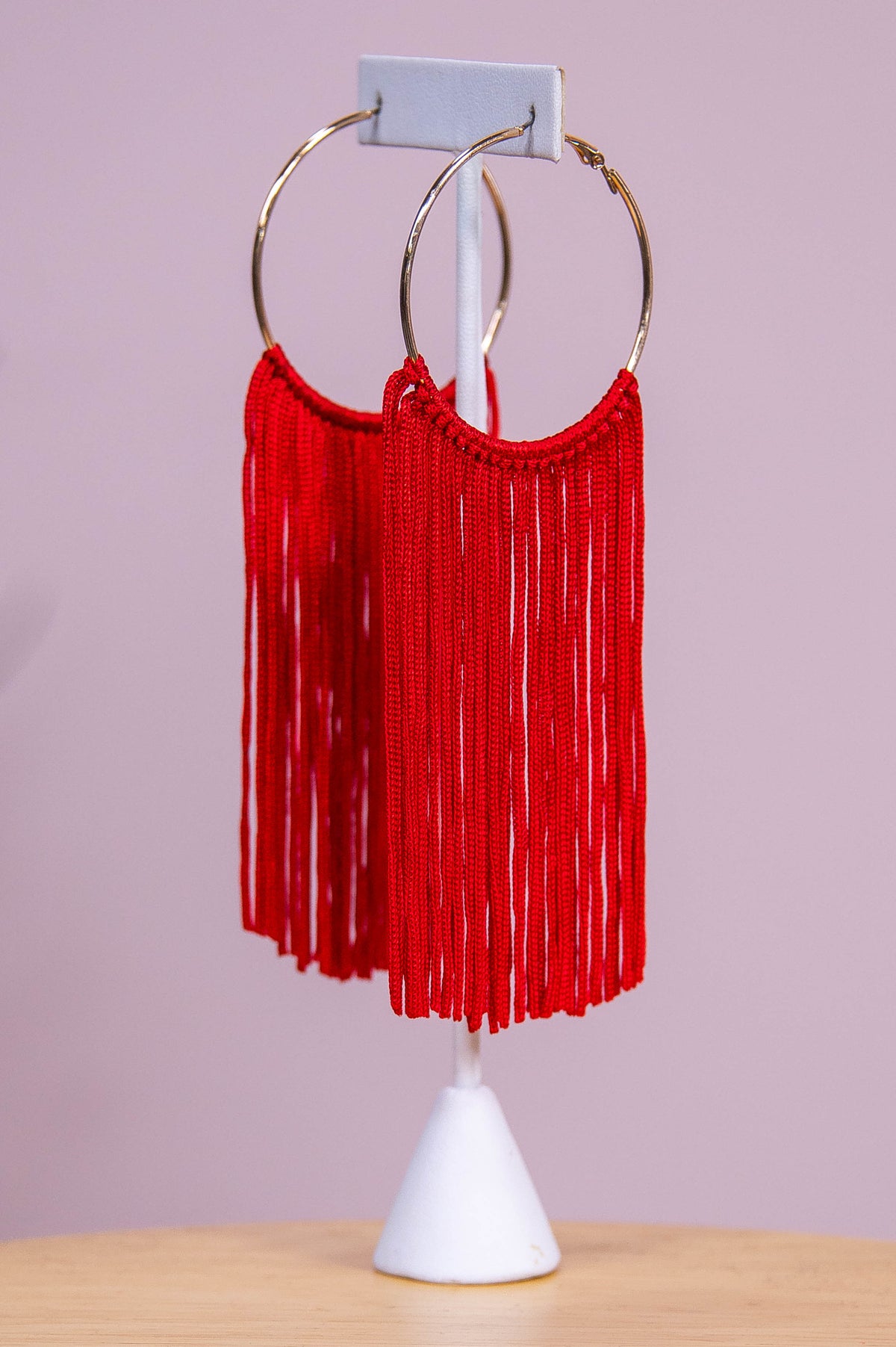 Long Red Tassel Gold Hoop Earrings - EAR4370RD