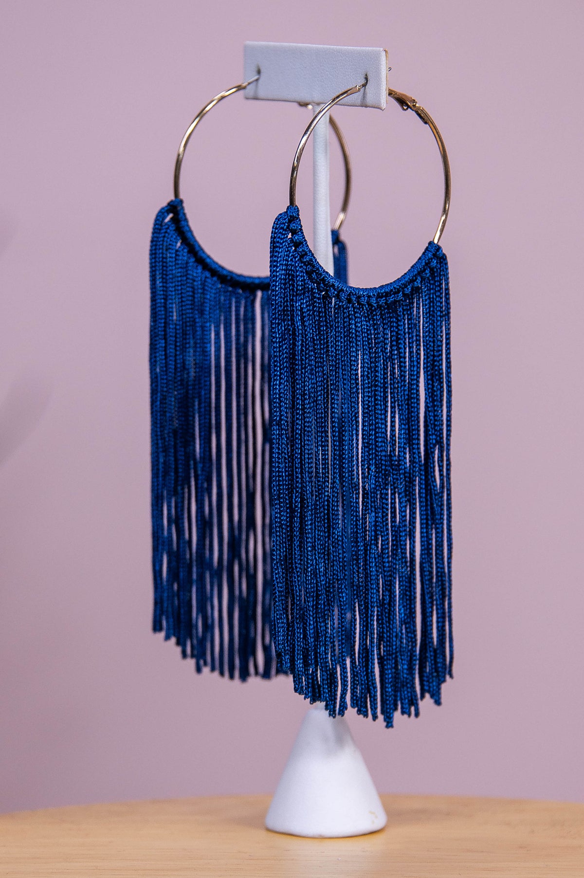 Long Navy Tassel Gold Hoop Earrings - EAR4372NV