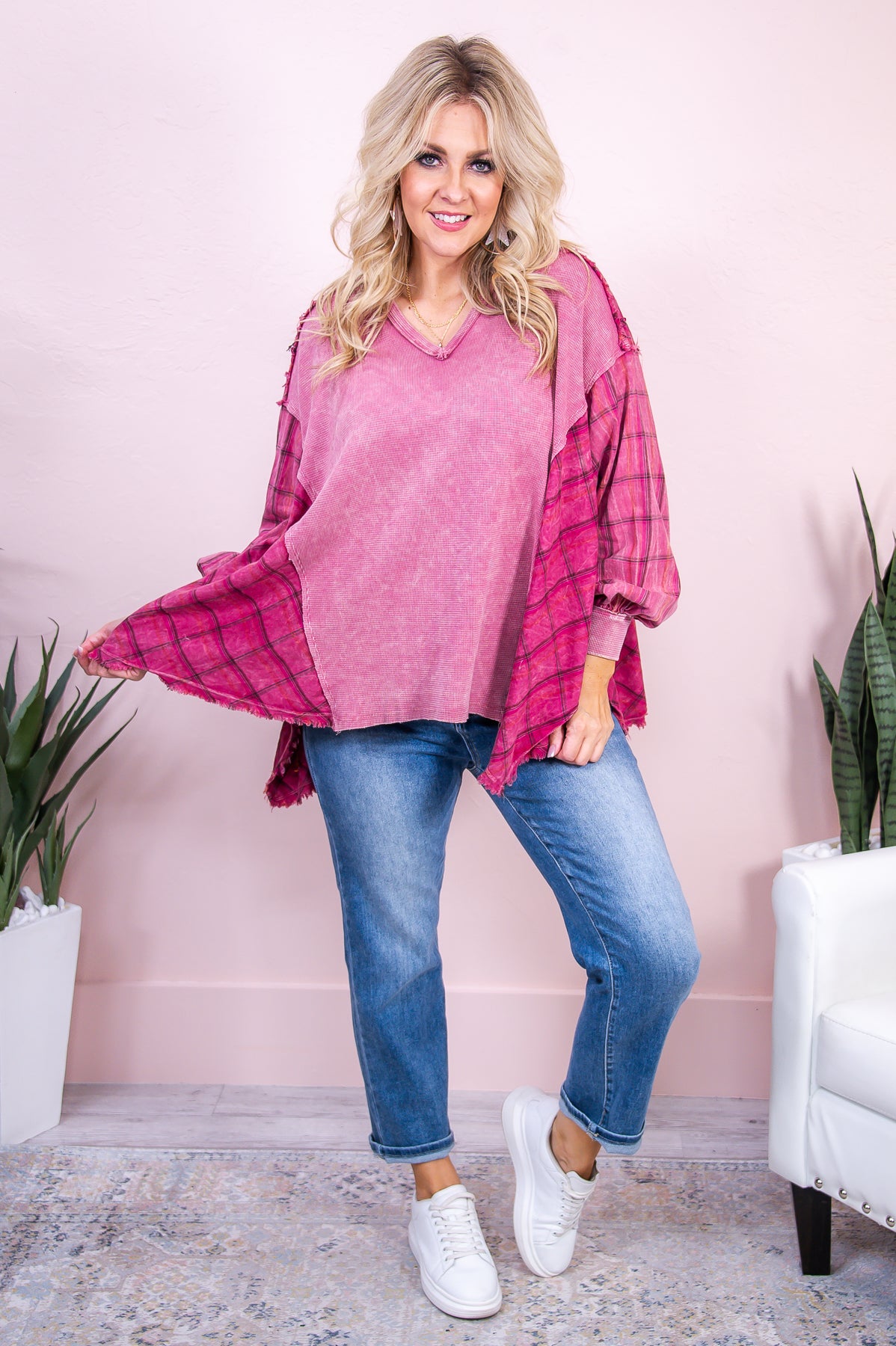 Have Their Attention Wine/Multi Color Plaid Asymmetrical V Neck Top - T7986WN