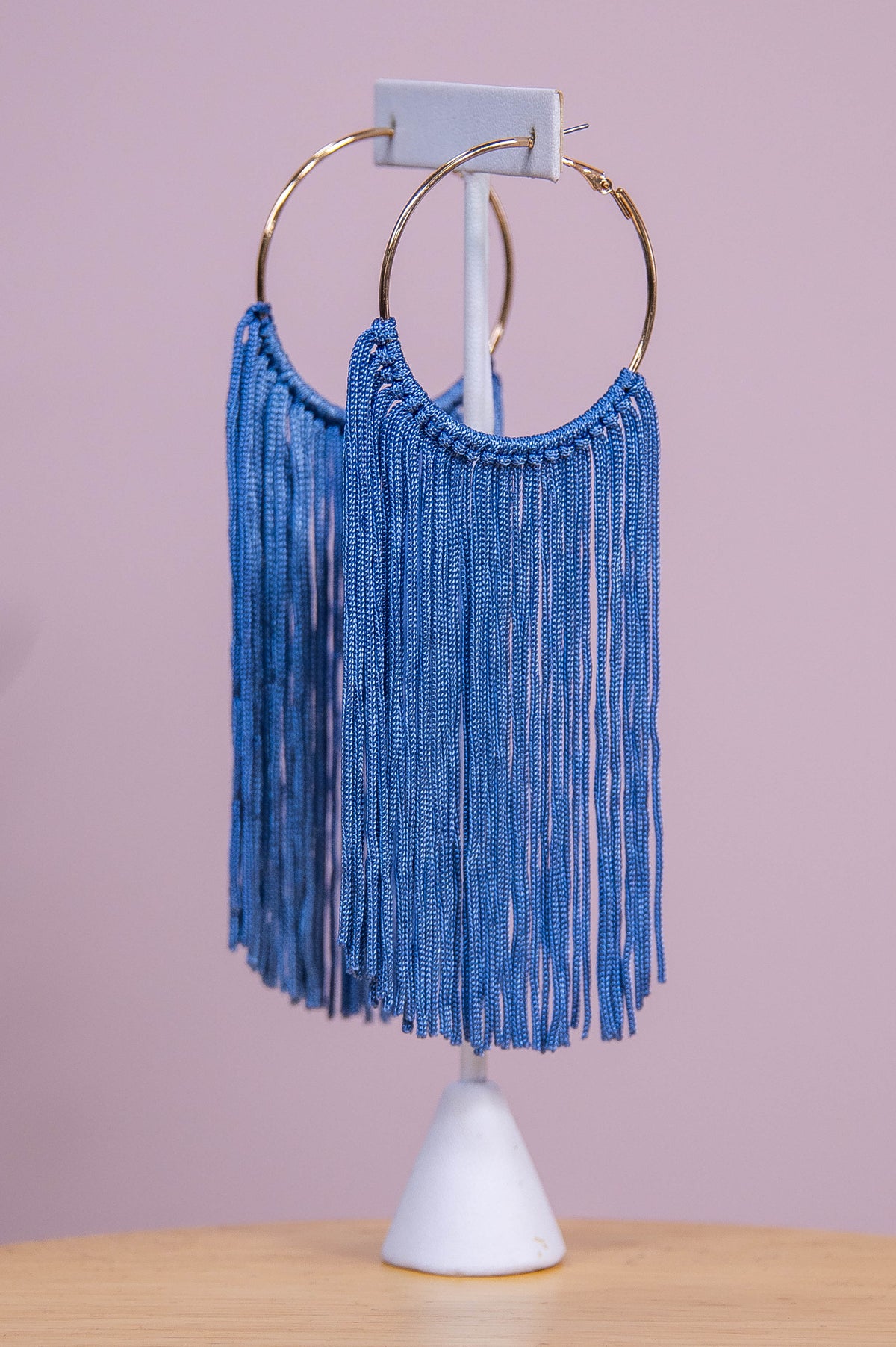 Long Blue Tassel Gold Hoop Earrings - EAR4374BL