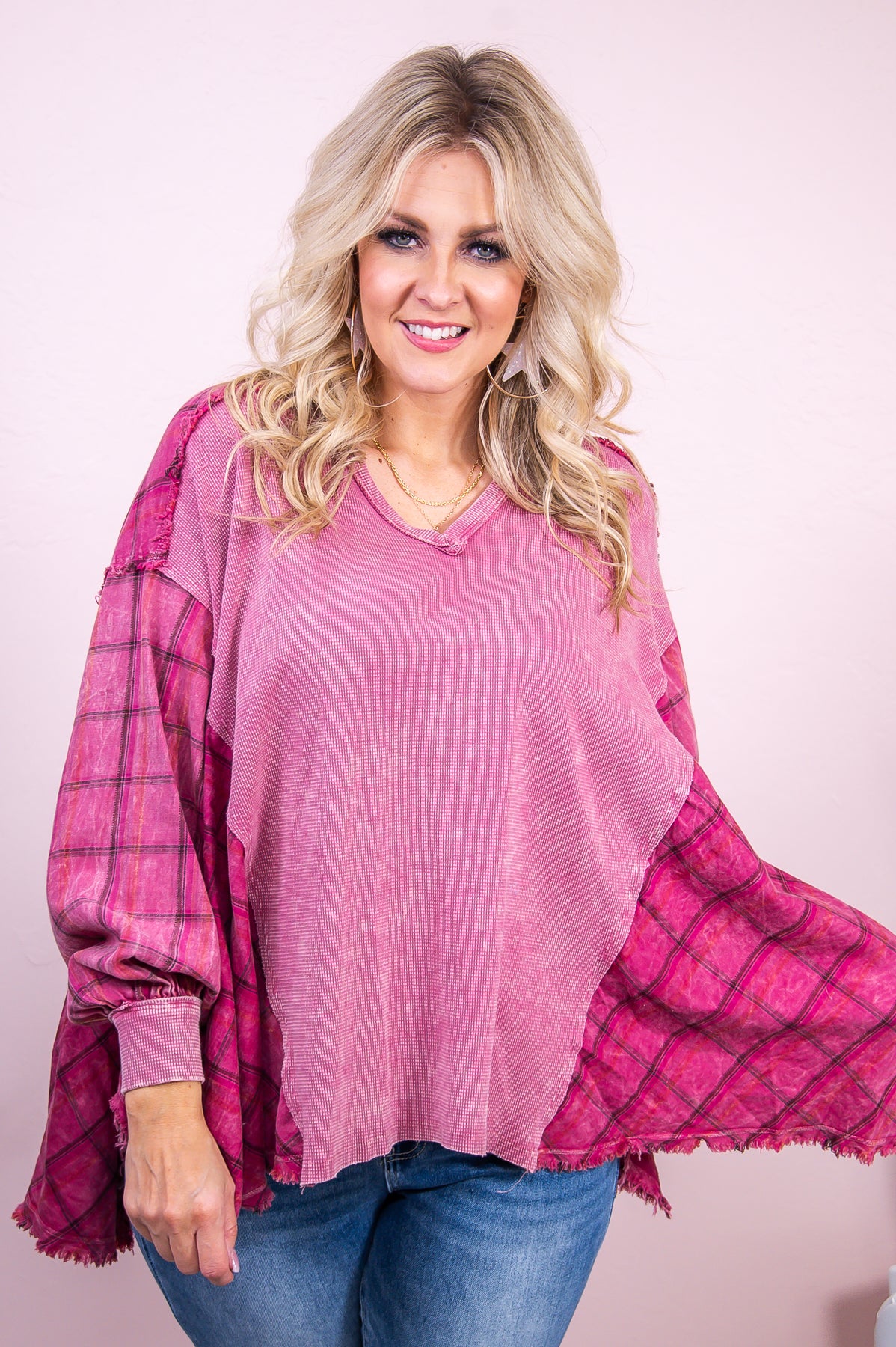 Have Their Attention Wine/Multi Color Plaid Asymmetrical V Neck Top - T7986WN