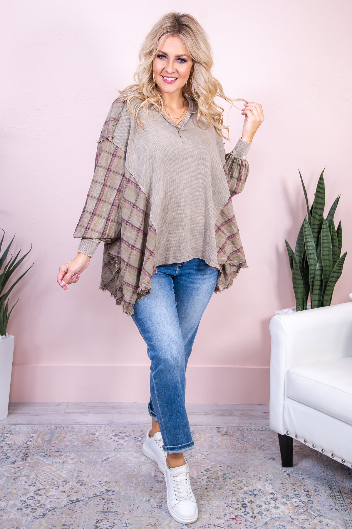 Have Their Attention Taupe/Multi Color Plaid Asymmetrical V Neck Top - T7989TA