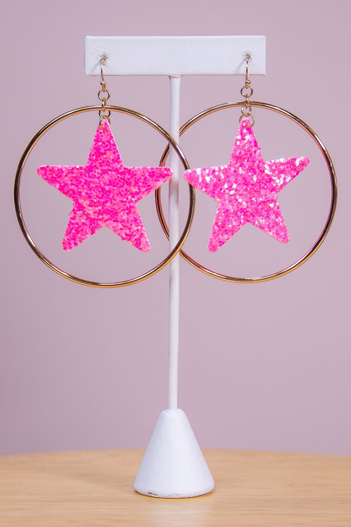 Pink Glitter Star Gold Hoop Earrings - EAR4363PK