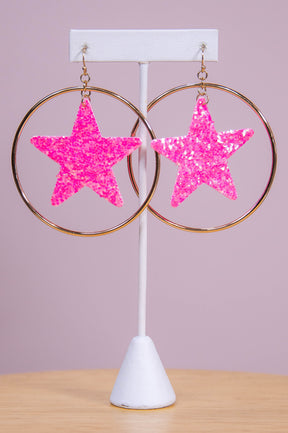 Pink Glitter Star Gold Hoop Earrings - EAR4363PK