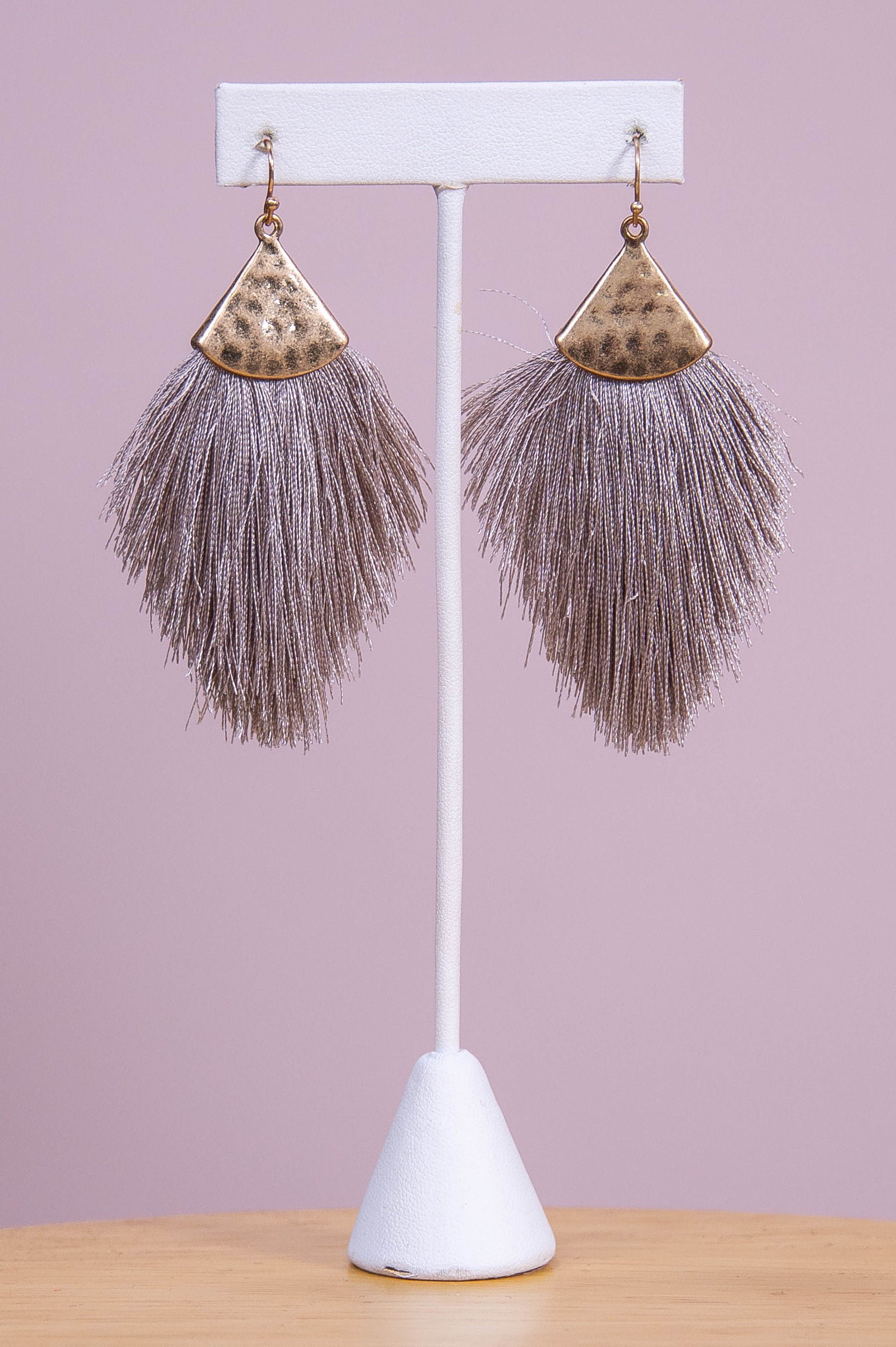 Gray/Gold Hammered Fringe Tassel Earrings - EAR4352GR