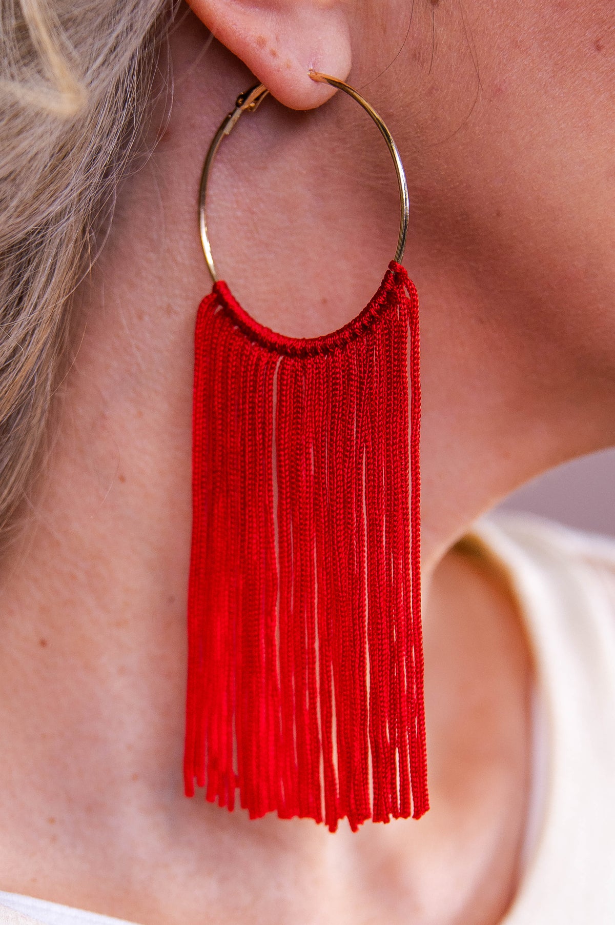 Long Red Tassel Gold Hoop Earrings - EAR4370RD