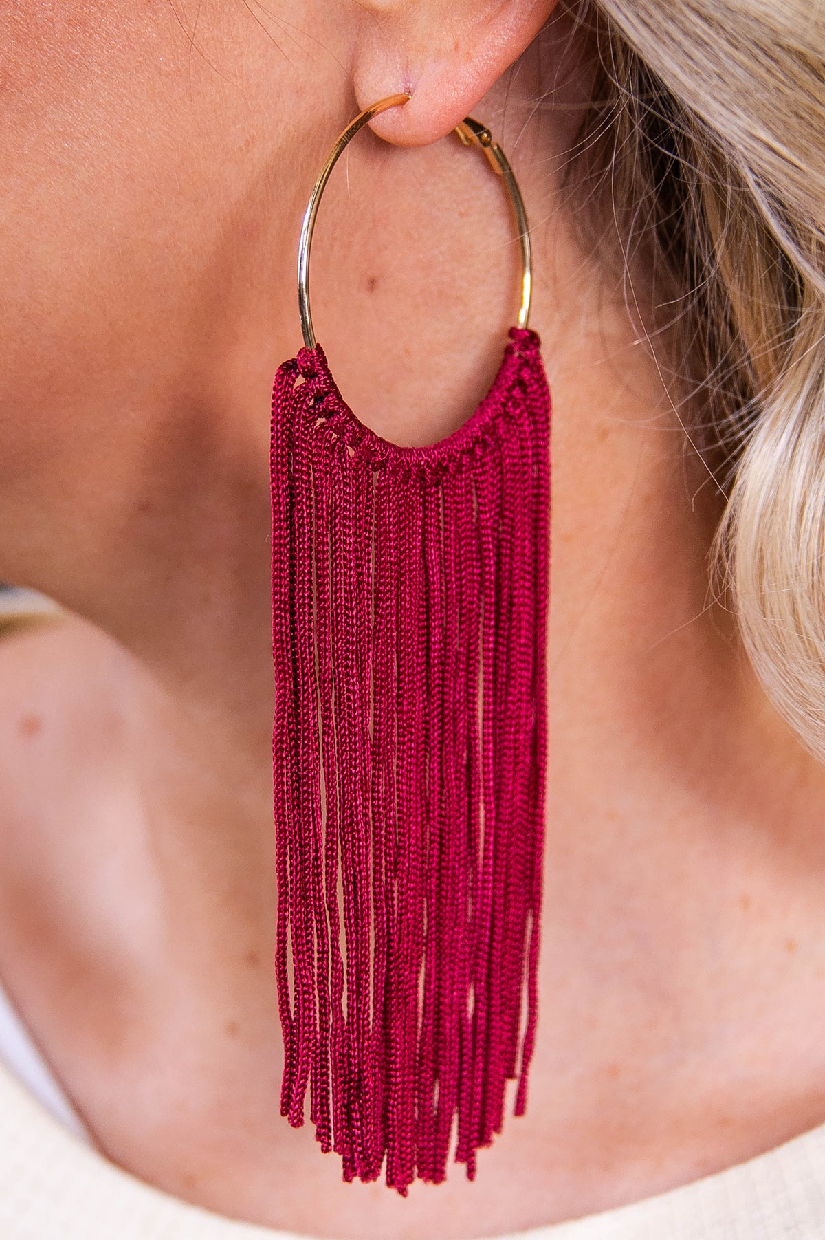 Long Burgundy Tassel Gold Hoop Earrings - EAR4368BU