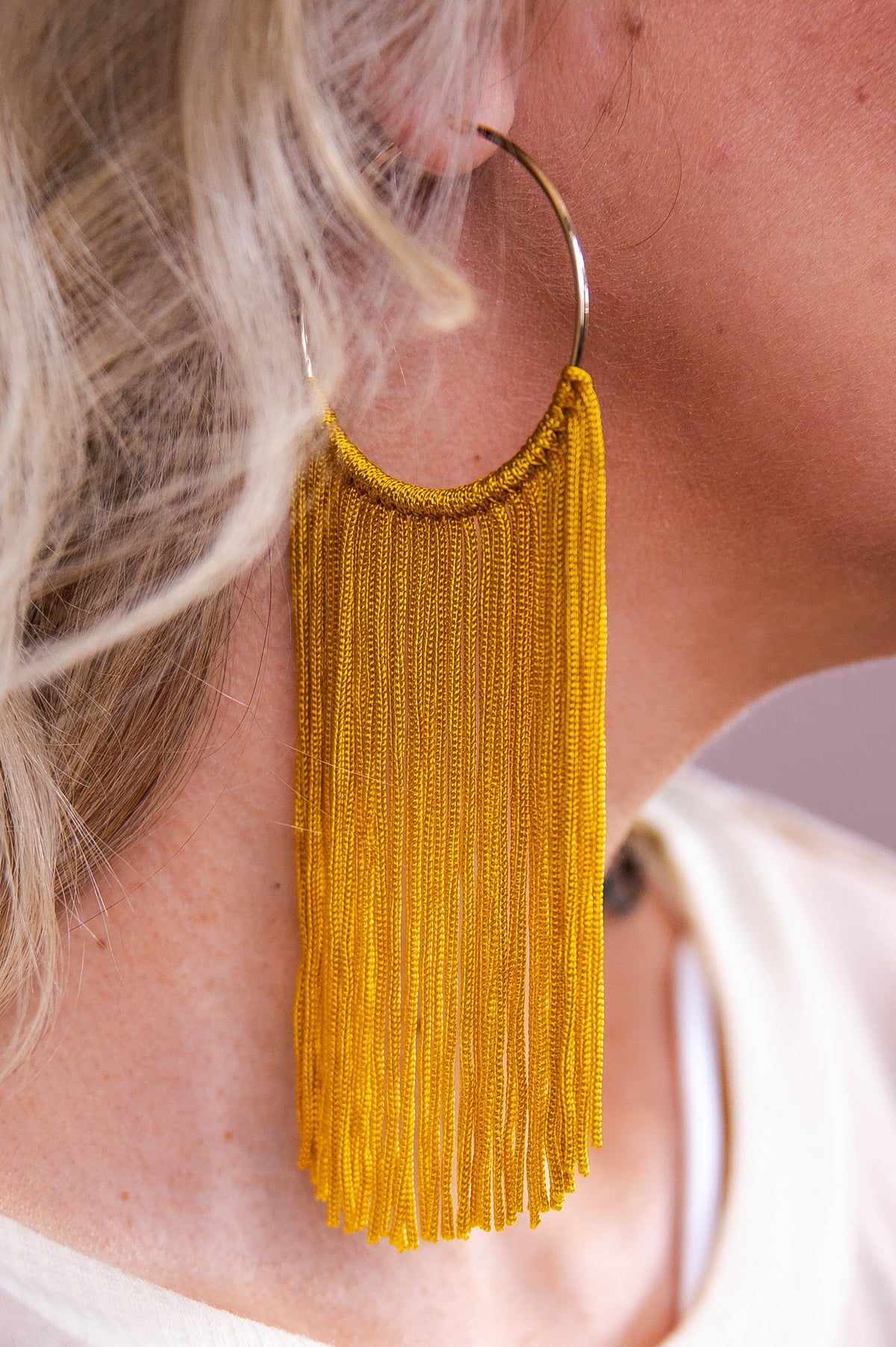 Long Dark Mustard Tassel Gold Hoop Earrings - EAR4369DMU