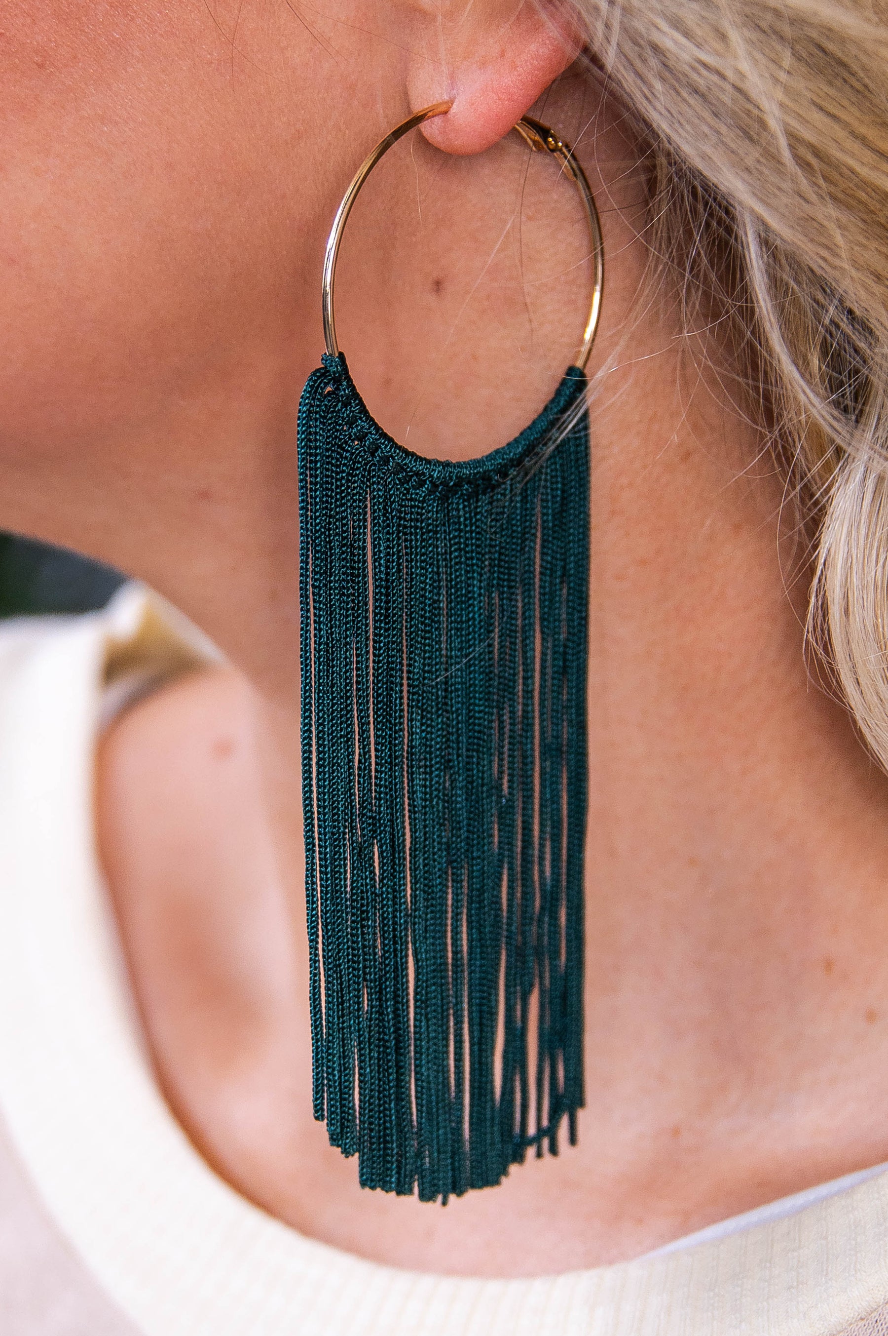 Long Dark Green/Gold Tassel Hoop Earrings - EAR4371DGN