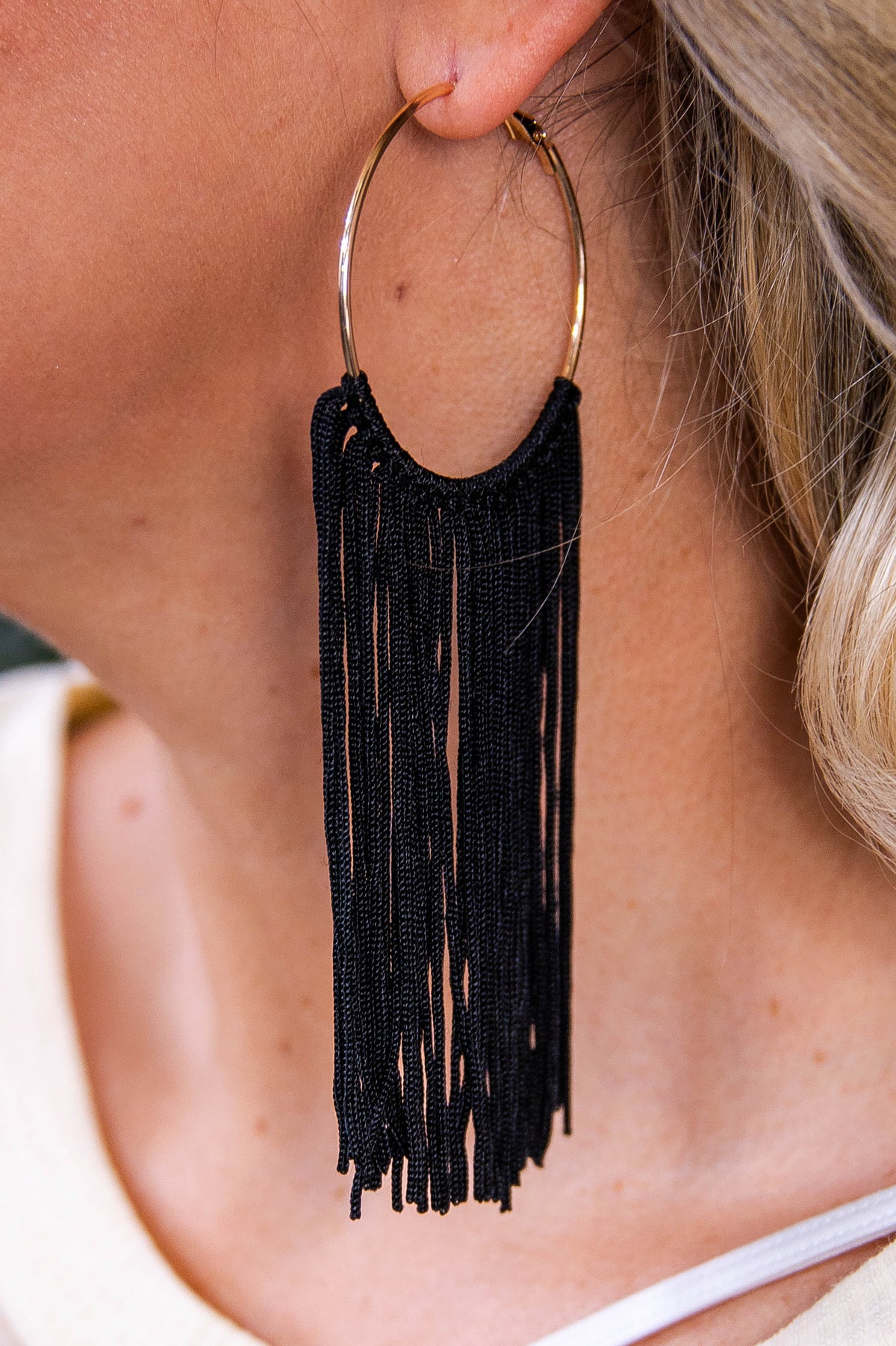 Long Black Tassel Gold Hoop Earrings - EAR4367BK
