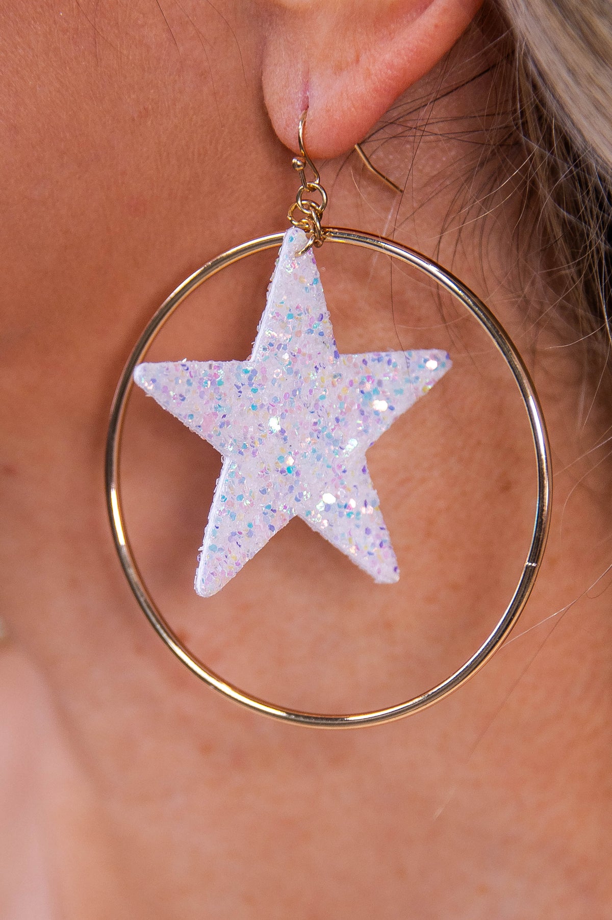 White Glitter Star Gold Hoop Earrings - EAR4362WH