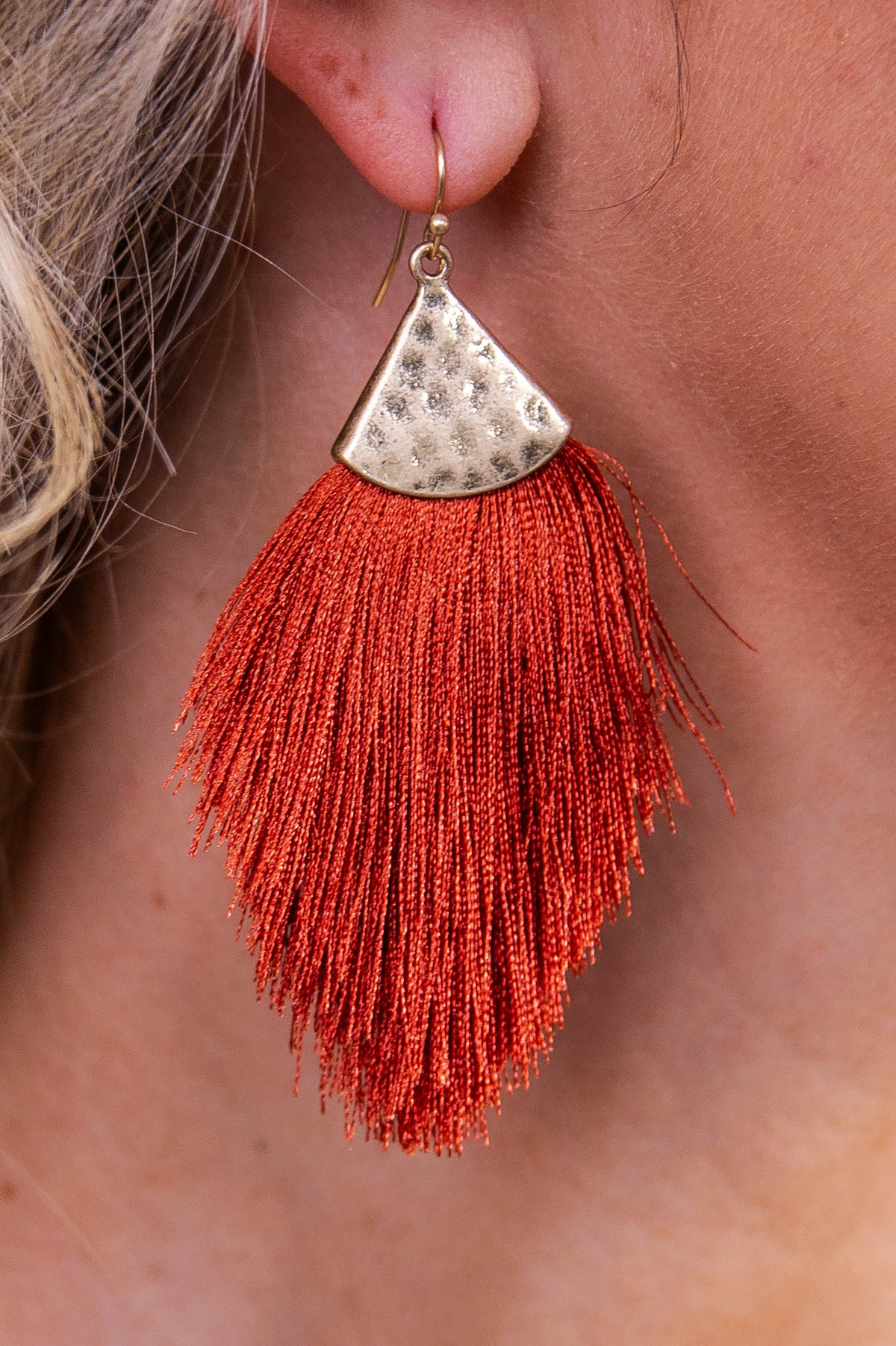 Rust/Gold Hammered Fringe Tassel Earrings - EAR4351RU