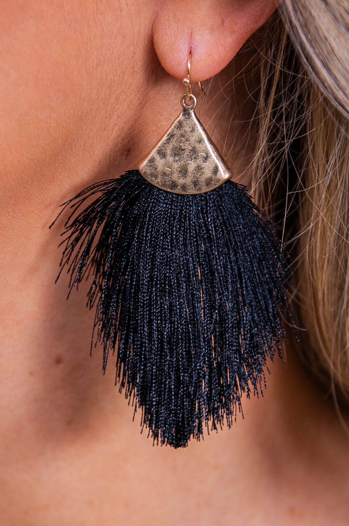 Black/Gold Hammered Fringe Tassel Earrings - EAR4359BK