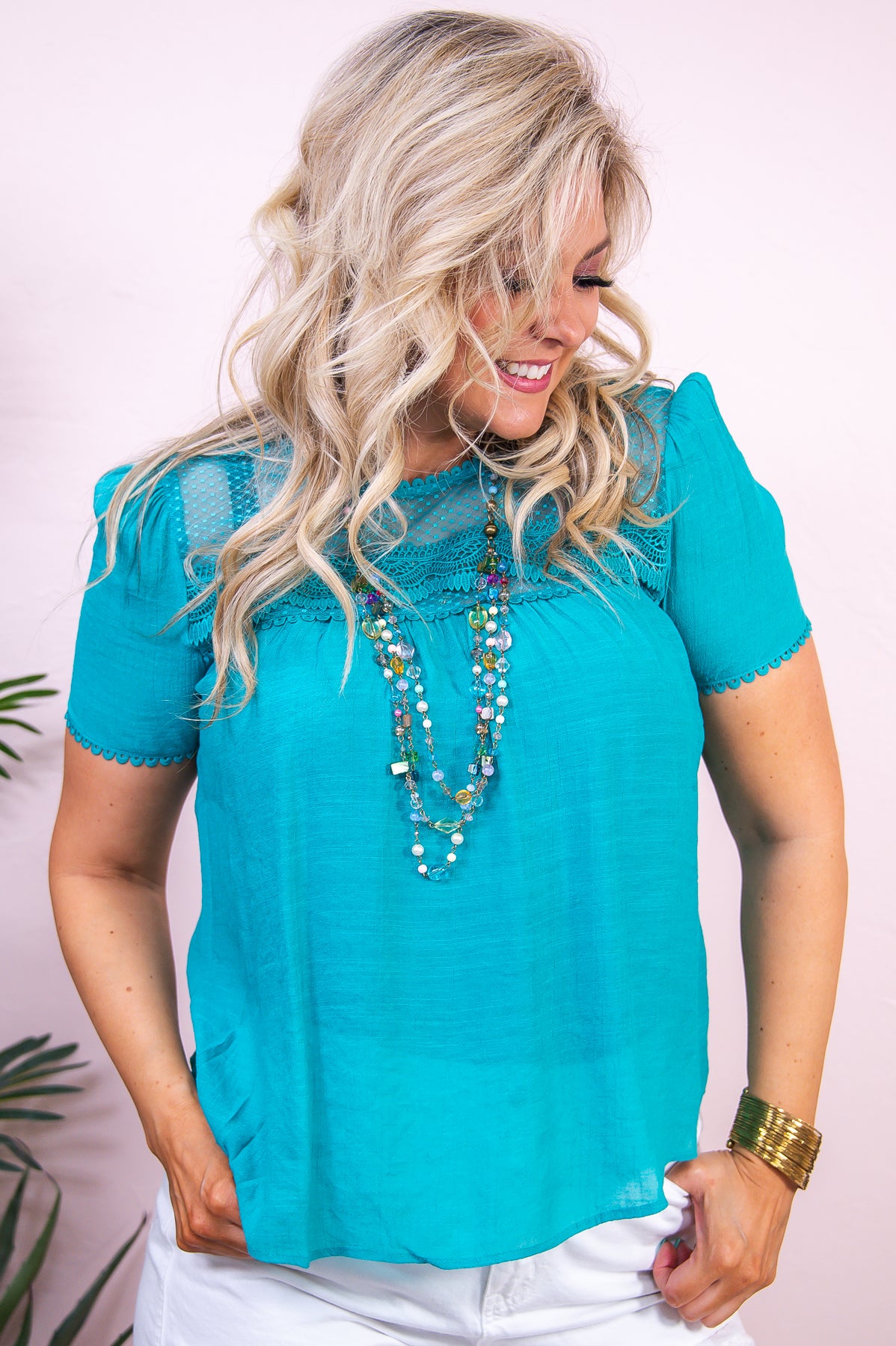 Voice My Style Teal Solid Crochet Top - T9394TE