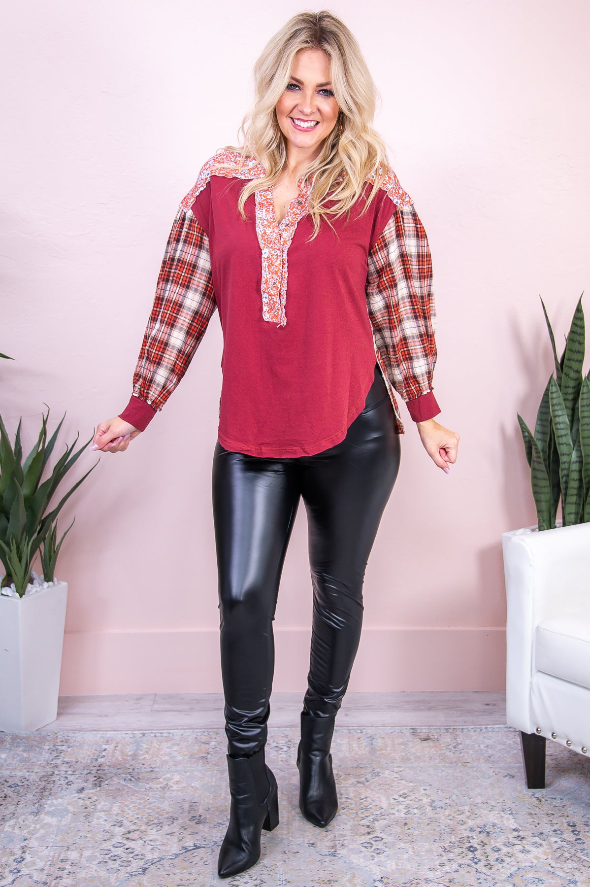 Own Your Moment Red/Multi Color Floral/Plaid Top - T8065RD