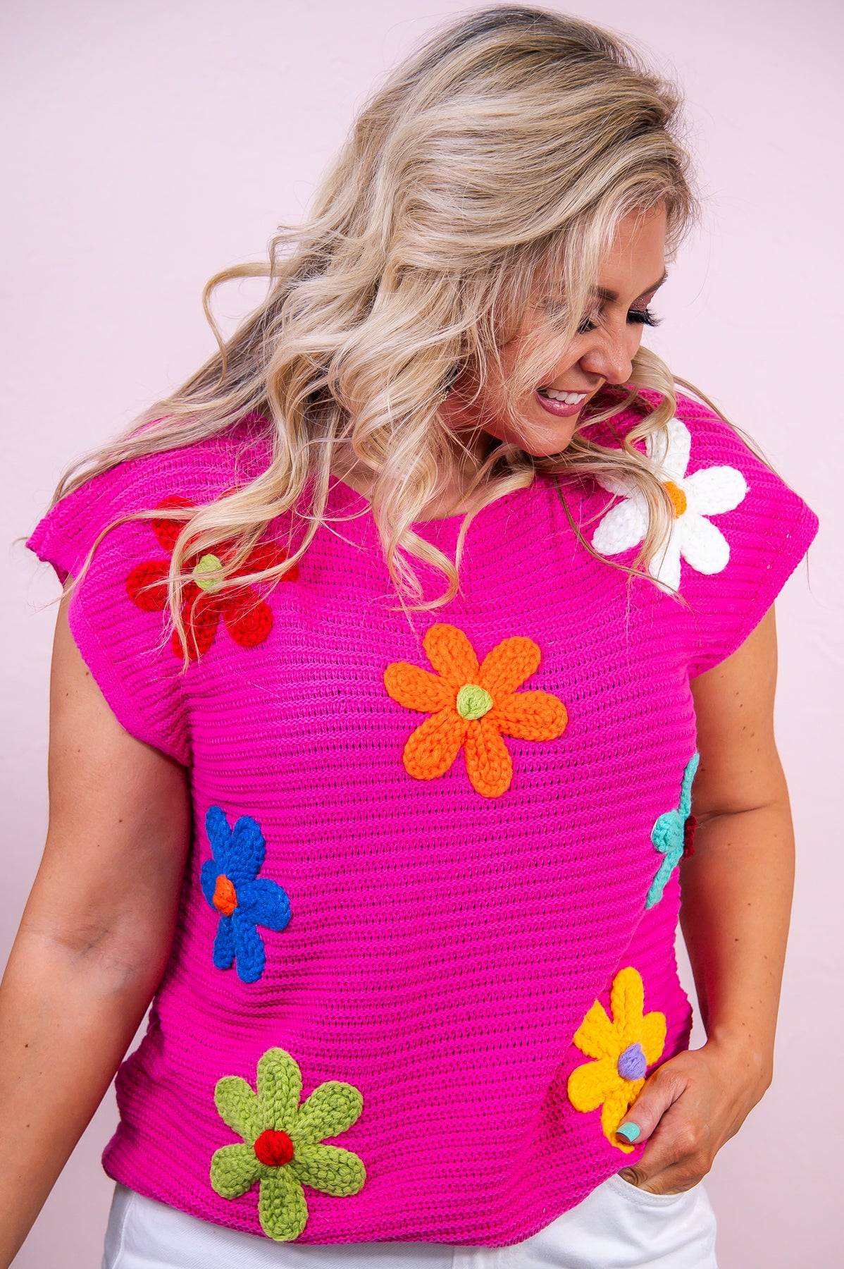 Gardens Of Paris Fuchsia/Multi Color Floral Knitted Top - T9417FU