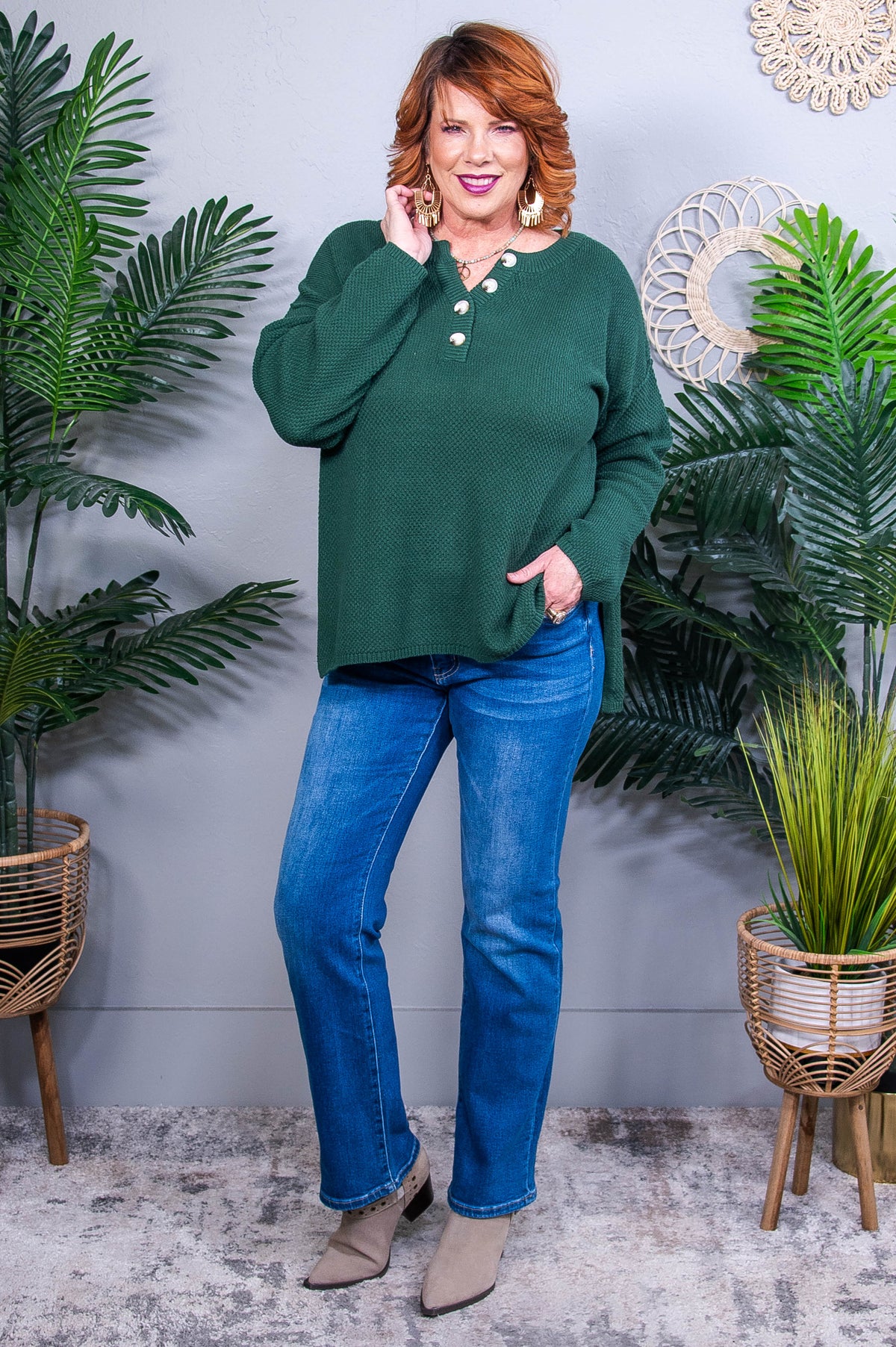 Good Afternoon Forest Green Henley Sweater - T10875FGN