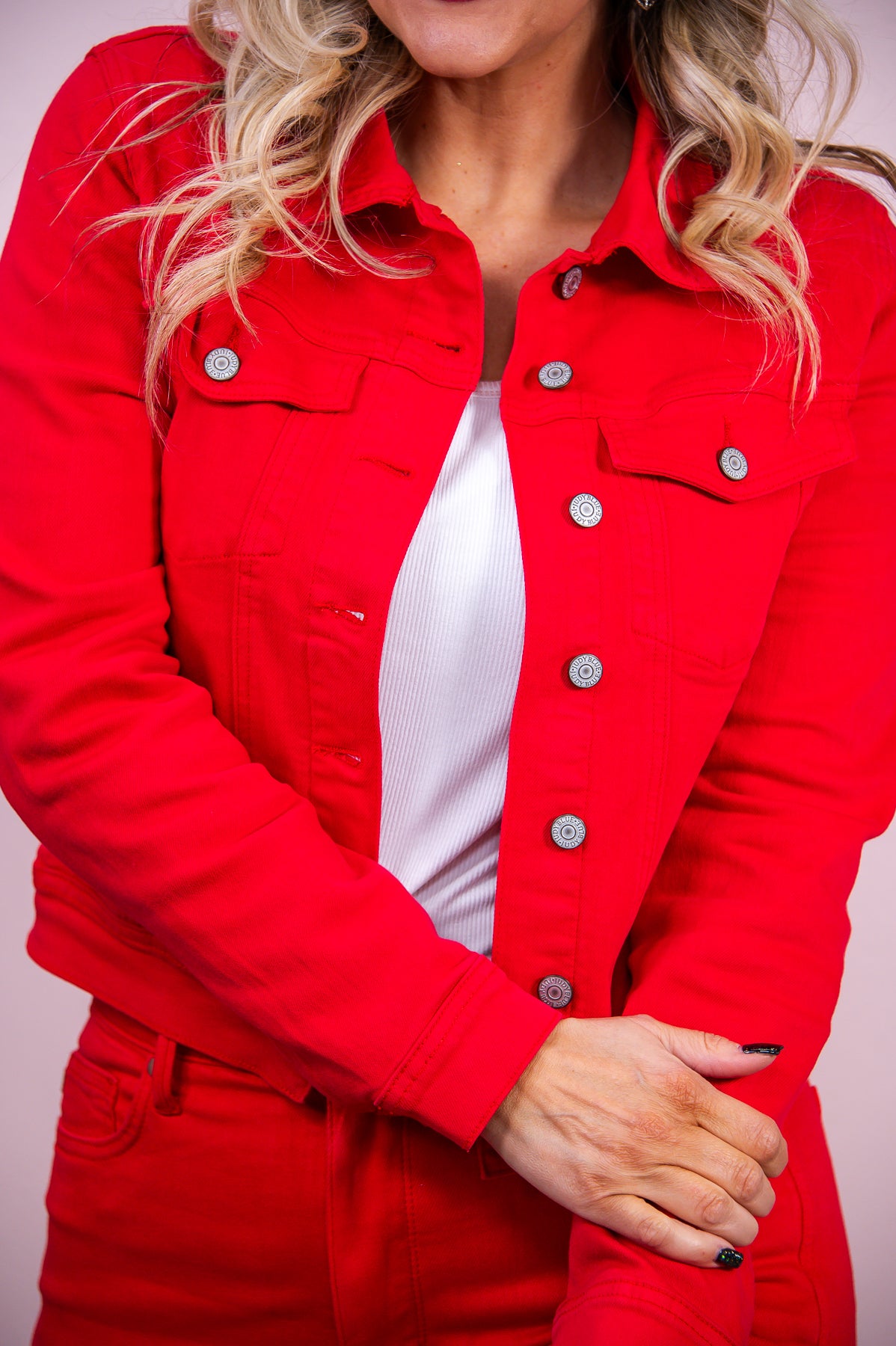 You're The Fire In My Heart Red Solid Denim Jacket - O5223RD
