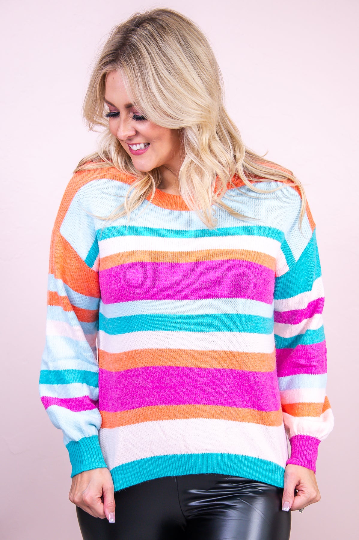 Effortless Comfort Orange/Multi Color Striped Sweater Top - T8082OR