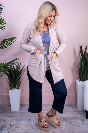 Balcony Nights Oatmeal Solid Ribbed Cardigan - O5533OA