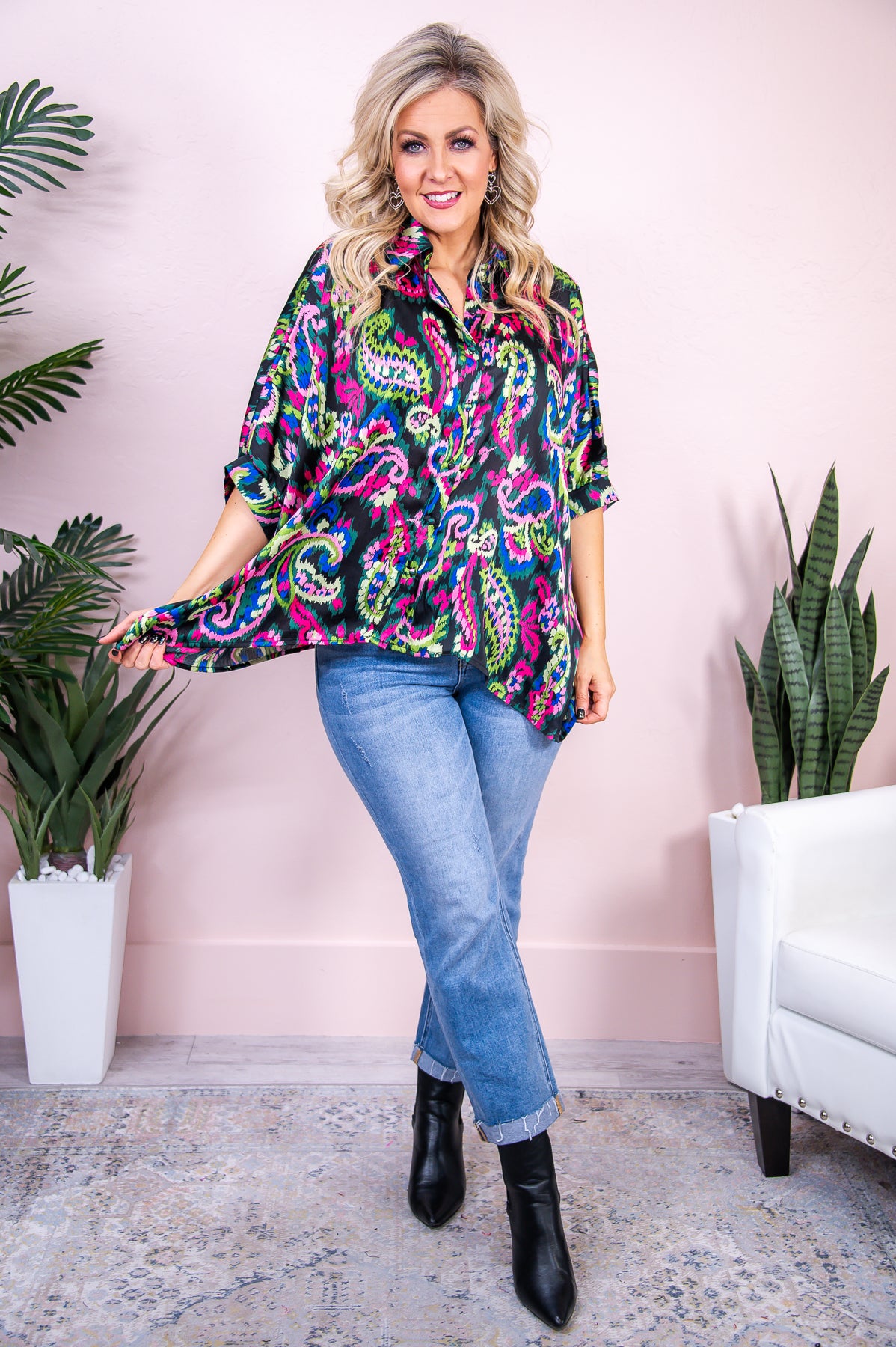 Boost Your Confidence Black/Green/Pink Paisley Top - T8673BK