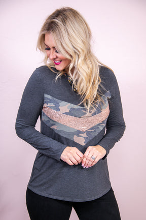 She's A Statement Charcoal Gray/Multi Color Camouflage/Sequin Top - T8047CG