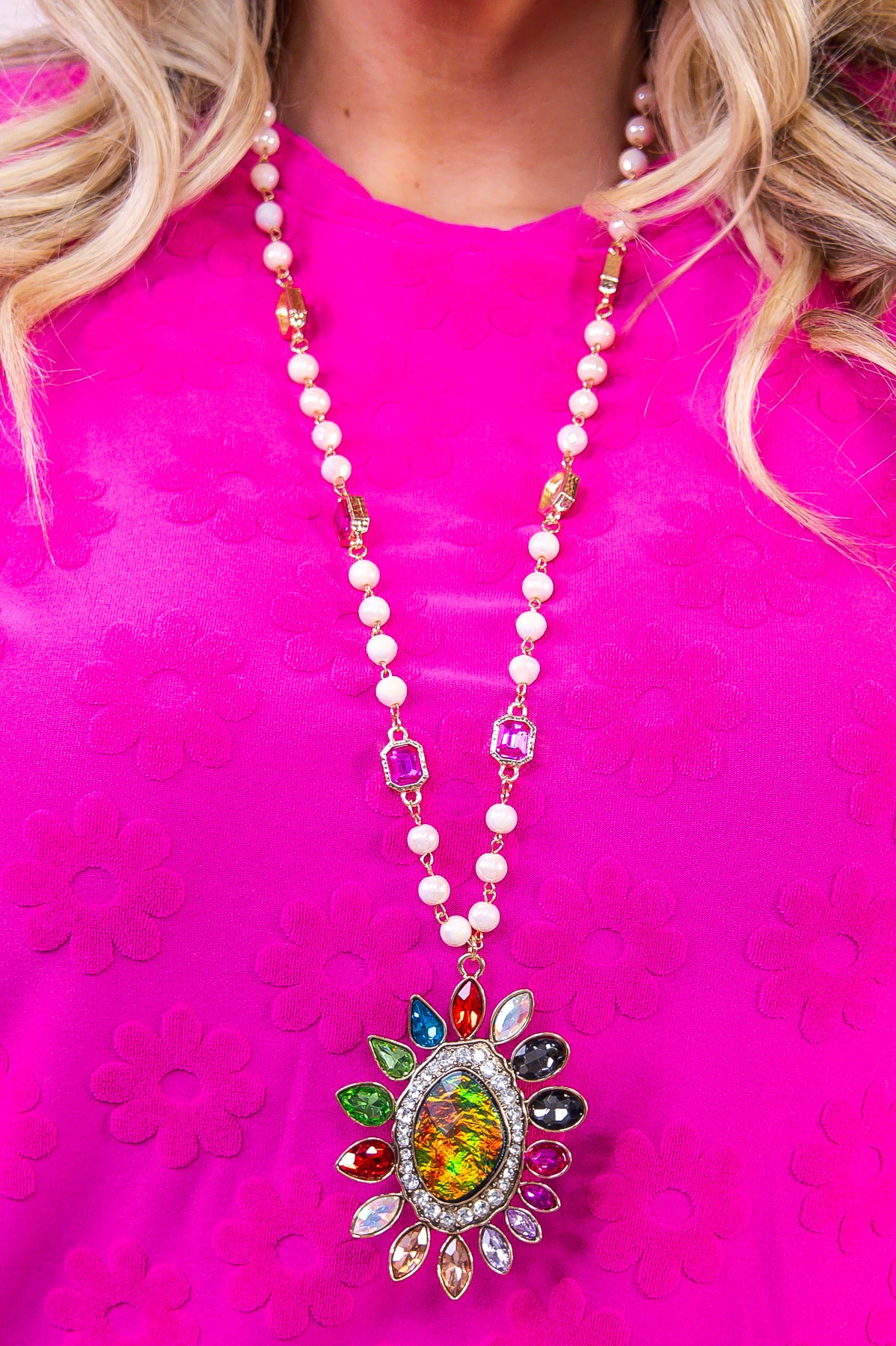 Champagne/Multi Color Beaded Floral Pendant Necklace - NEK4319CH