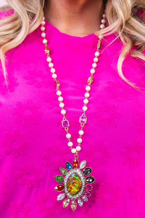 Champagne/Multi Color Beaded Floral Pendant Necklace - NEK4319CH