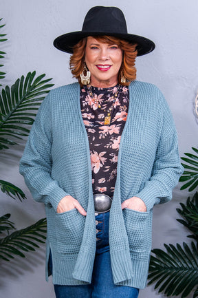 Everything Layer Waffle Knit Open Front Cardigan in Blue Grey - O5771GR
