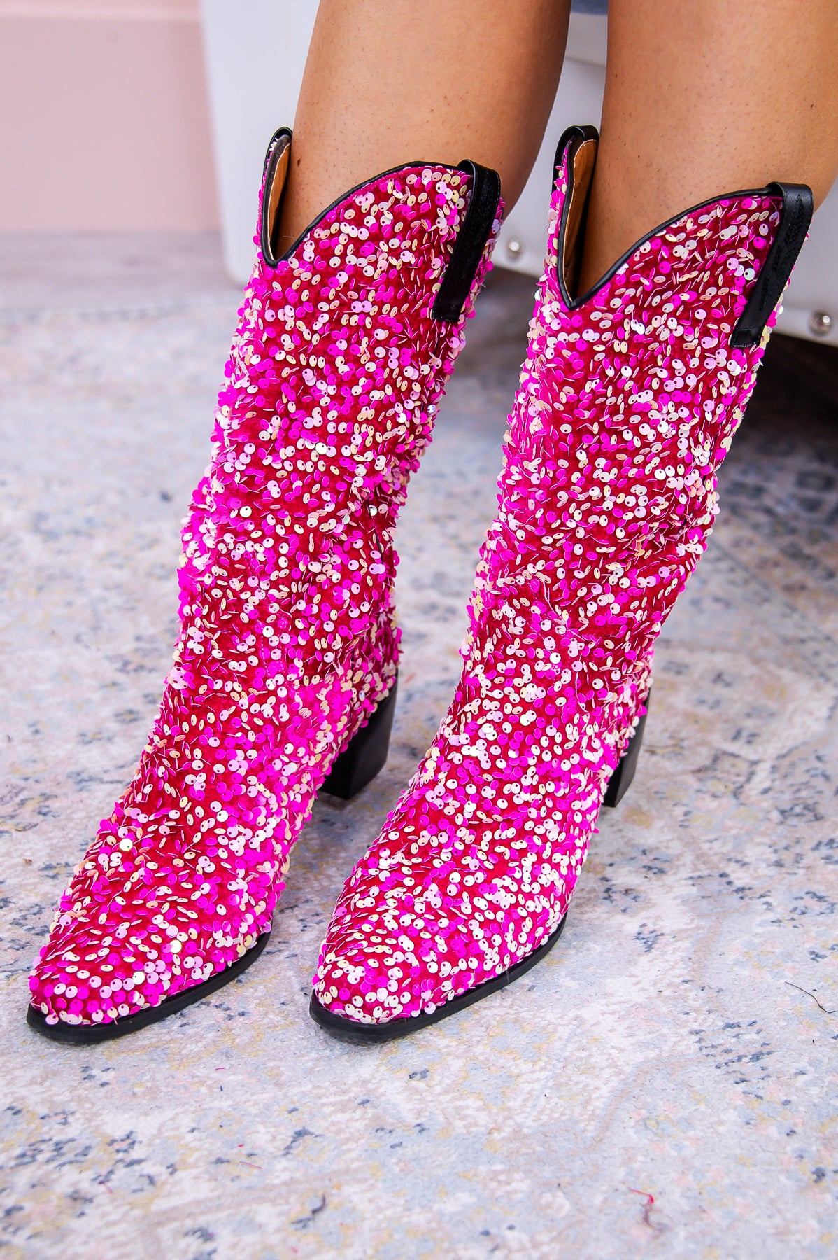 Howdy Valentine Pink/Light Pink Velvet Sequin Cowgirl Boots - SHO2649PK