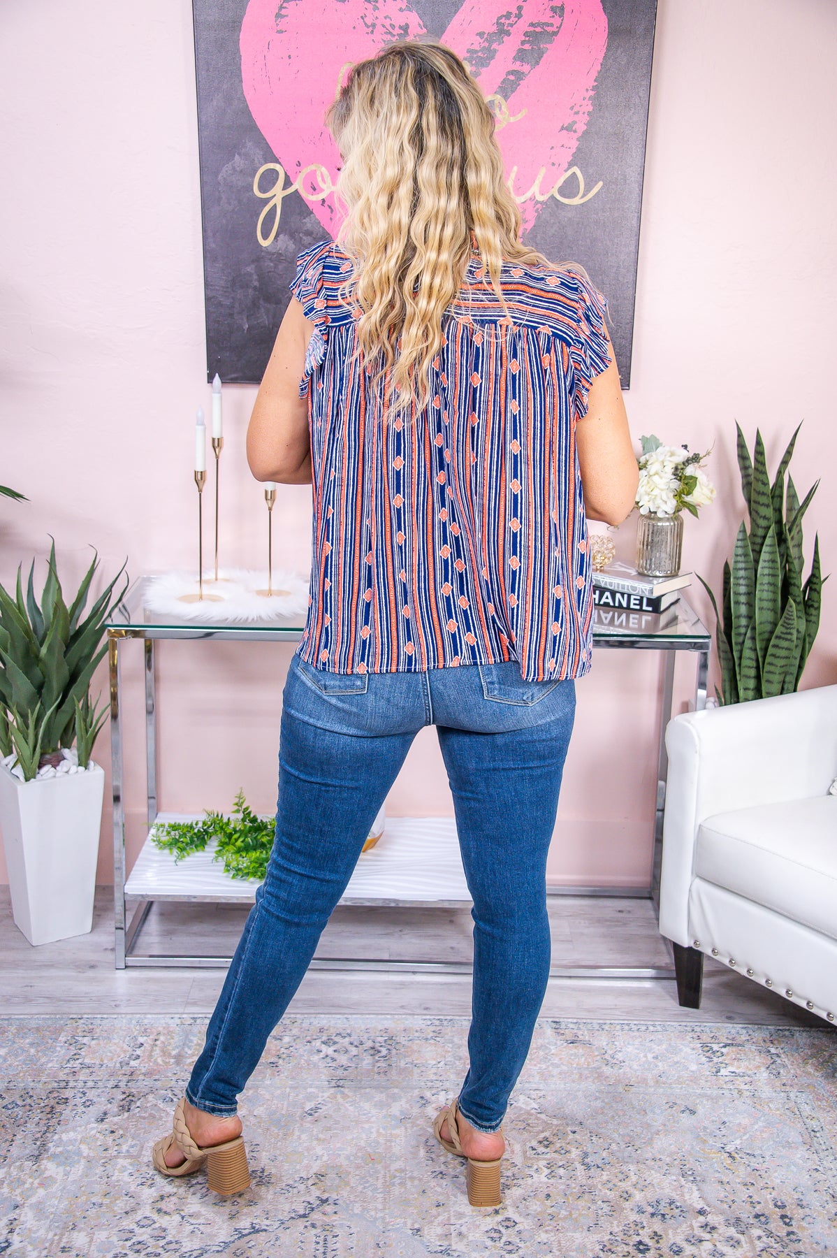 Picture Perfect Navy/Orange Printed Top - T7271NV