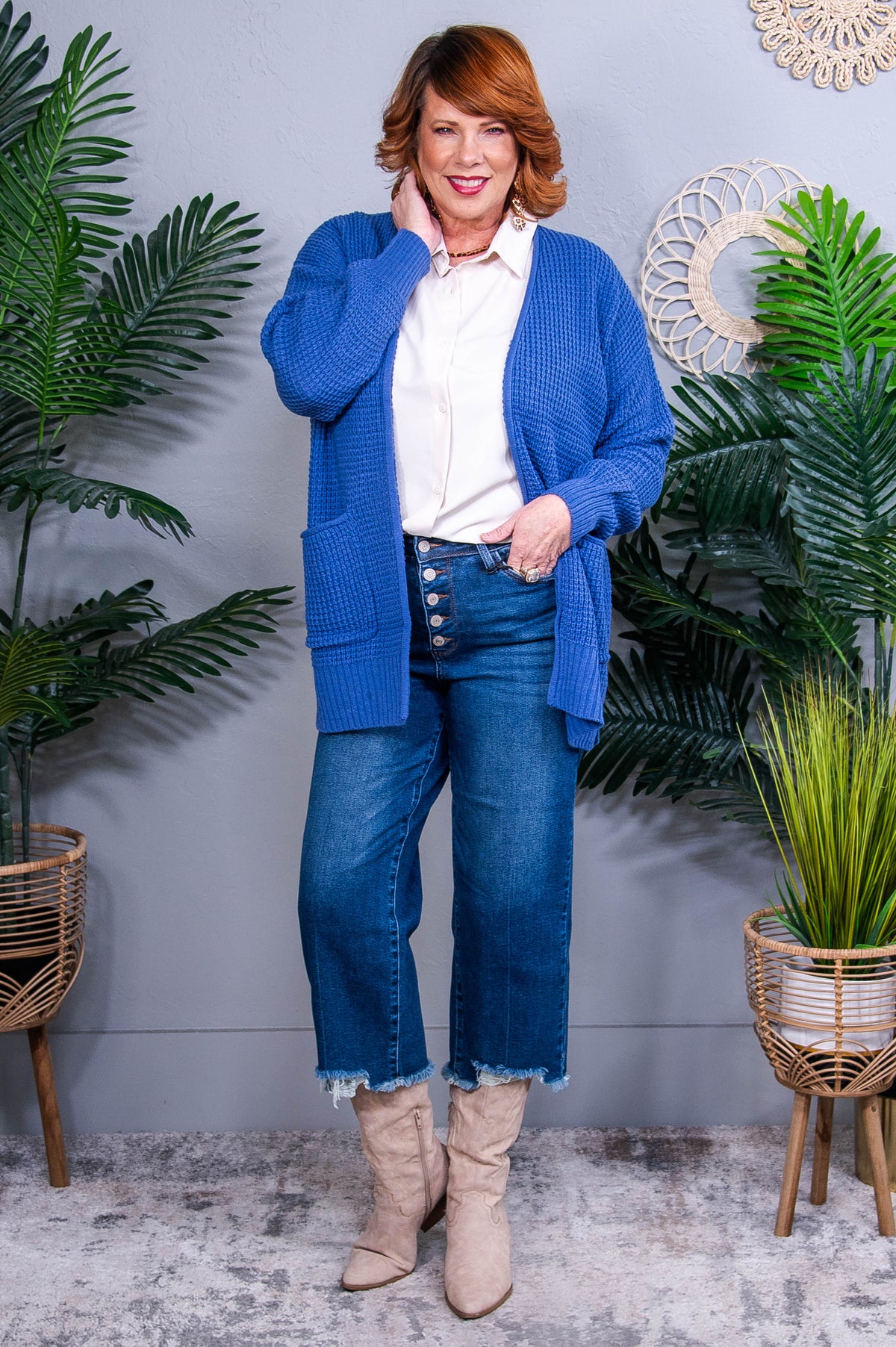 Everything Layer Waffle Knit Open Front Cardigan in Marlin - O5770MA