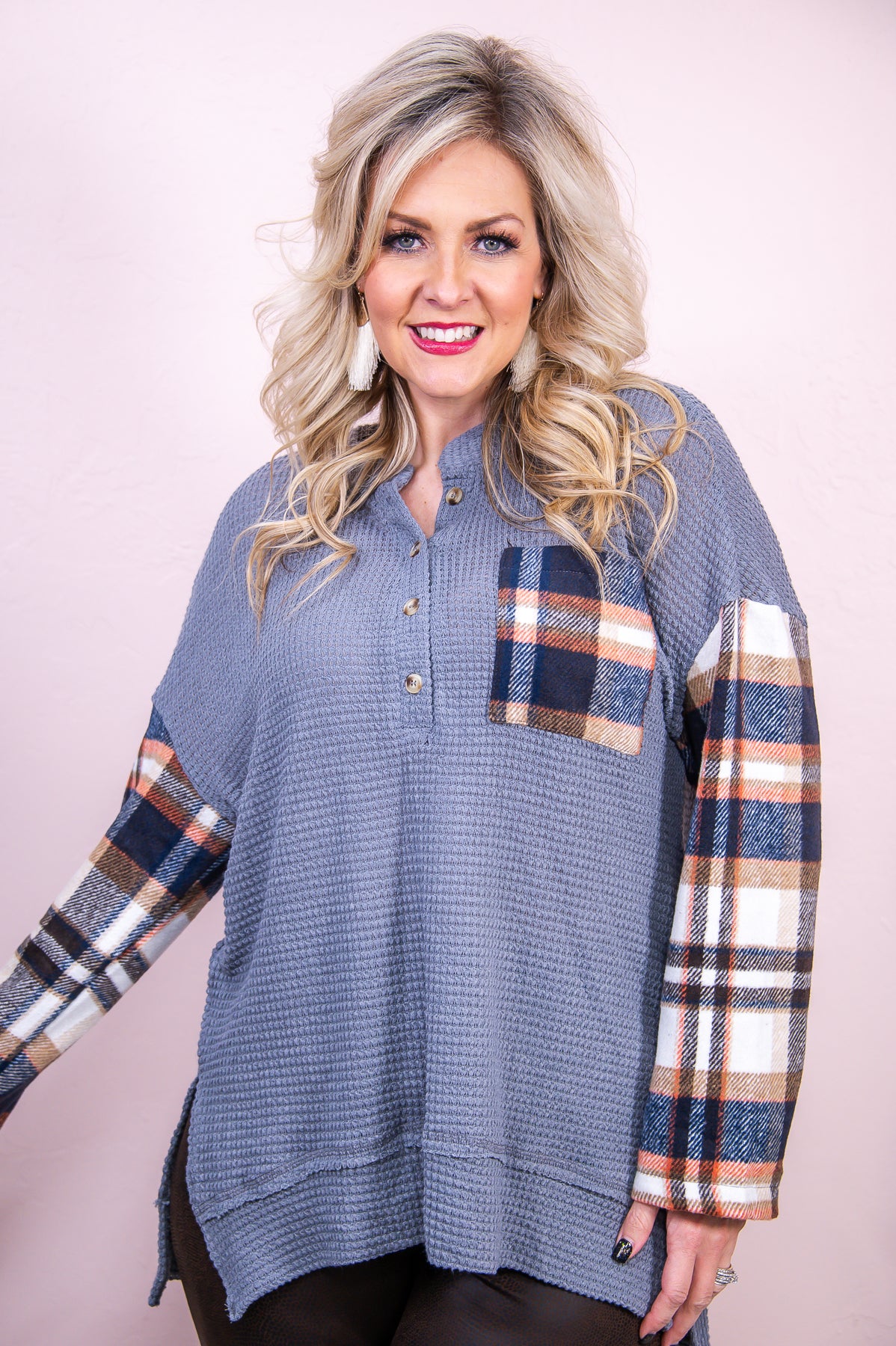 Pure Happiness Dark Gray/Multi Color Plaid High-Low Top - T8690DGR
