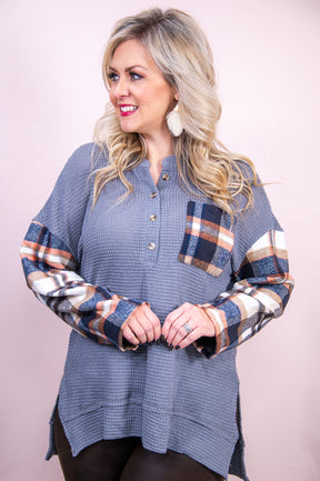 Pure Happiness Dark Gray/Multi Color Plaid High-Low Top - T8690DGR