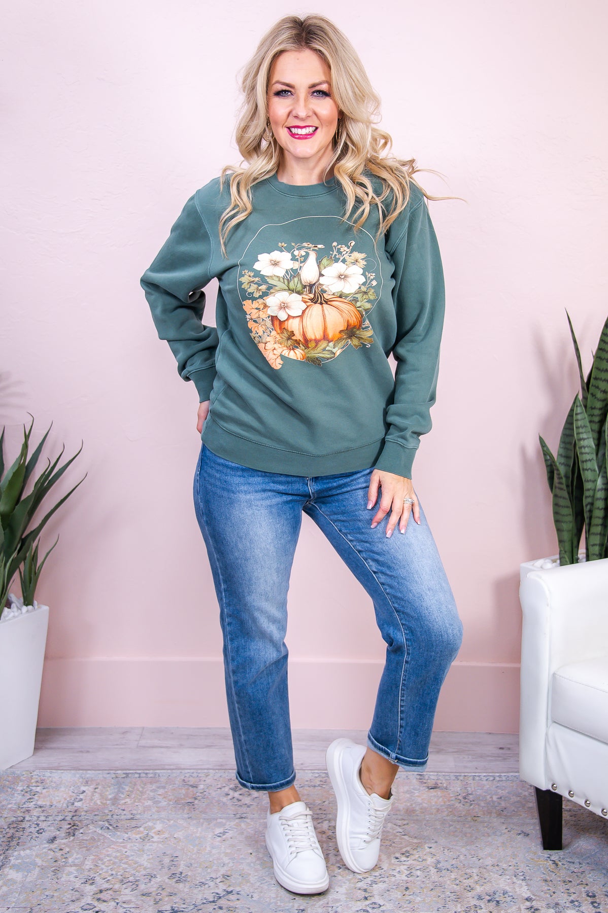 Gourd' Vibes Only Pigment Alpine Green Pumpkin Patch Graphic Sweatshirt - A2989PAG