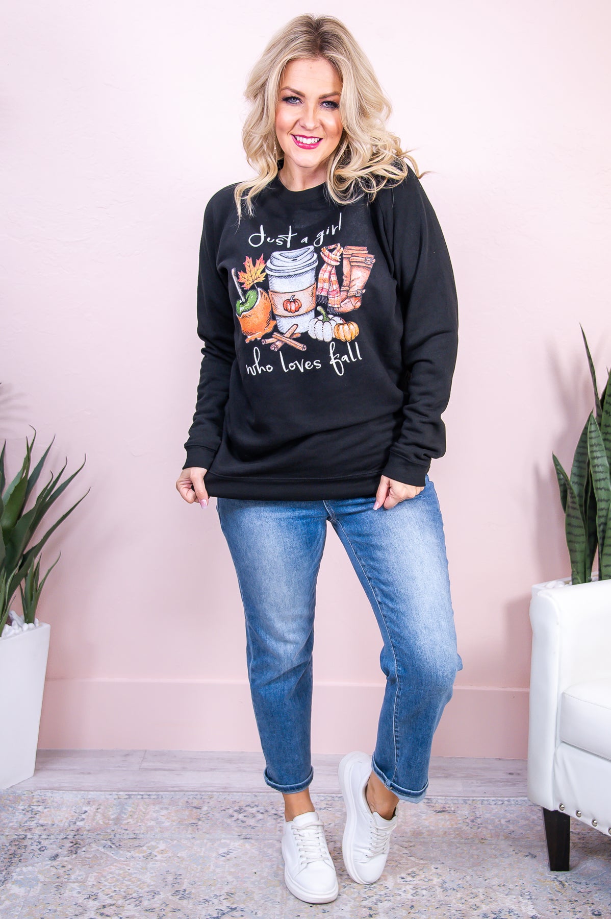 Just A Girl Who Loves Fall Black Graphic Sweatshirt - A2980BK
