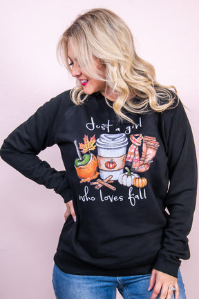 Just A Girl Who Loves Fall Black Graphic Sweatshirt - A2980BK