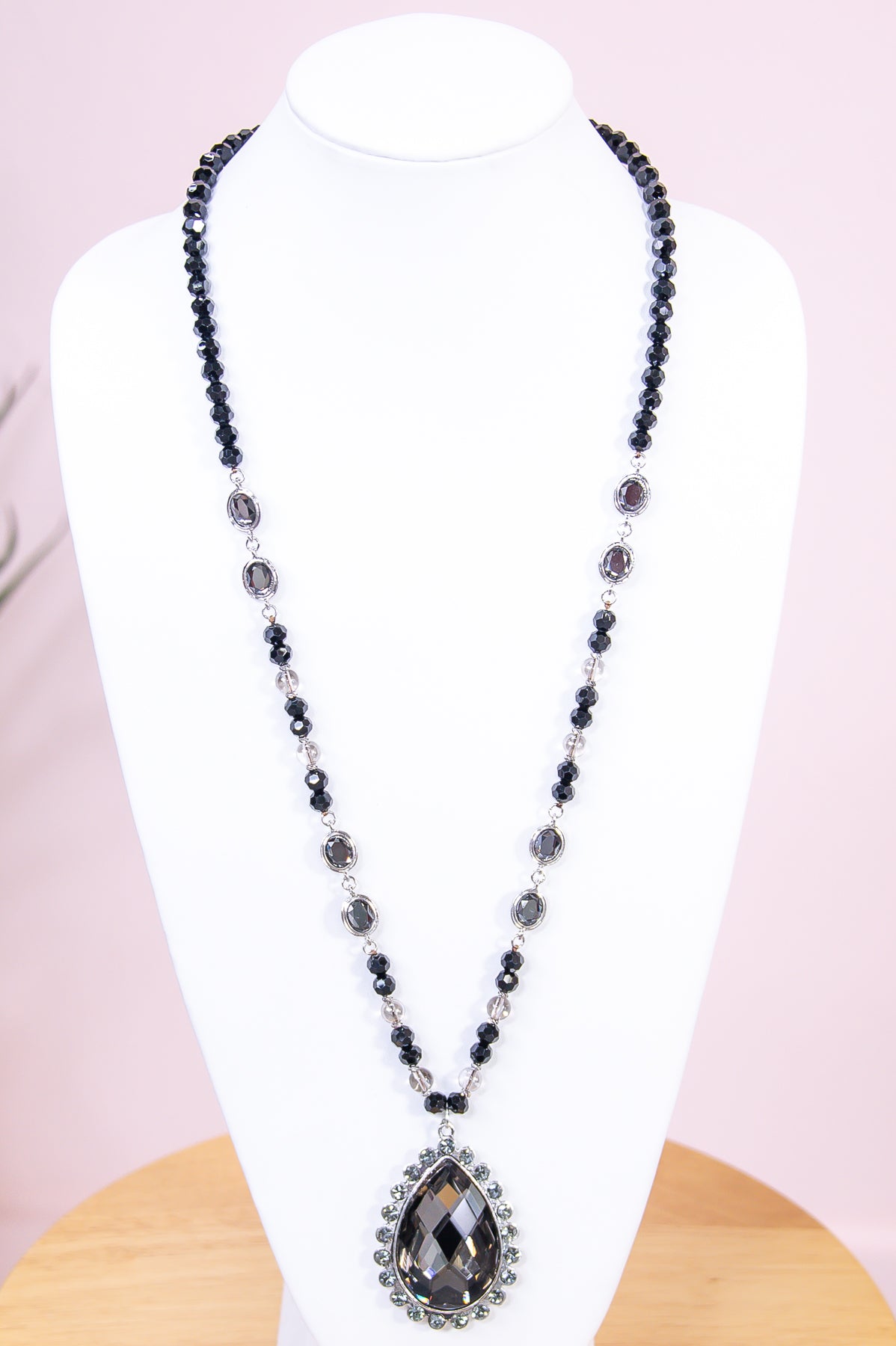 Black Bead/Bling Teardrop Pendant Necklace - NEK4327BK
