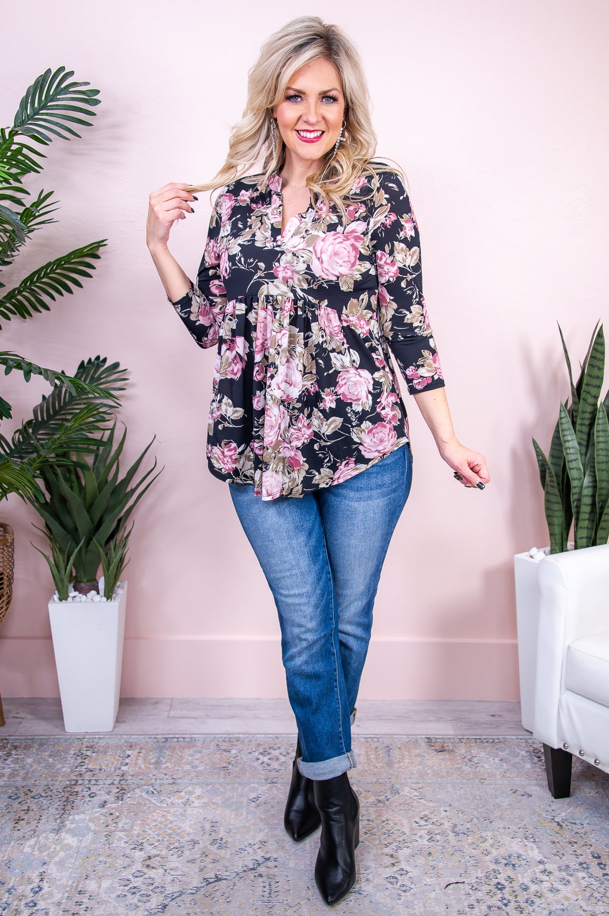 Born With Style Black/Mauve/Gold Floral Babydoll Top - T8691BK