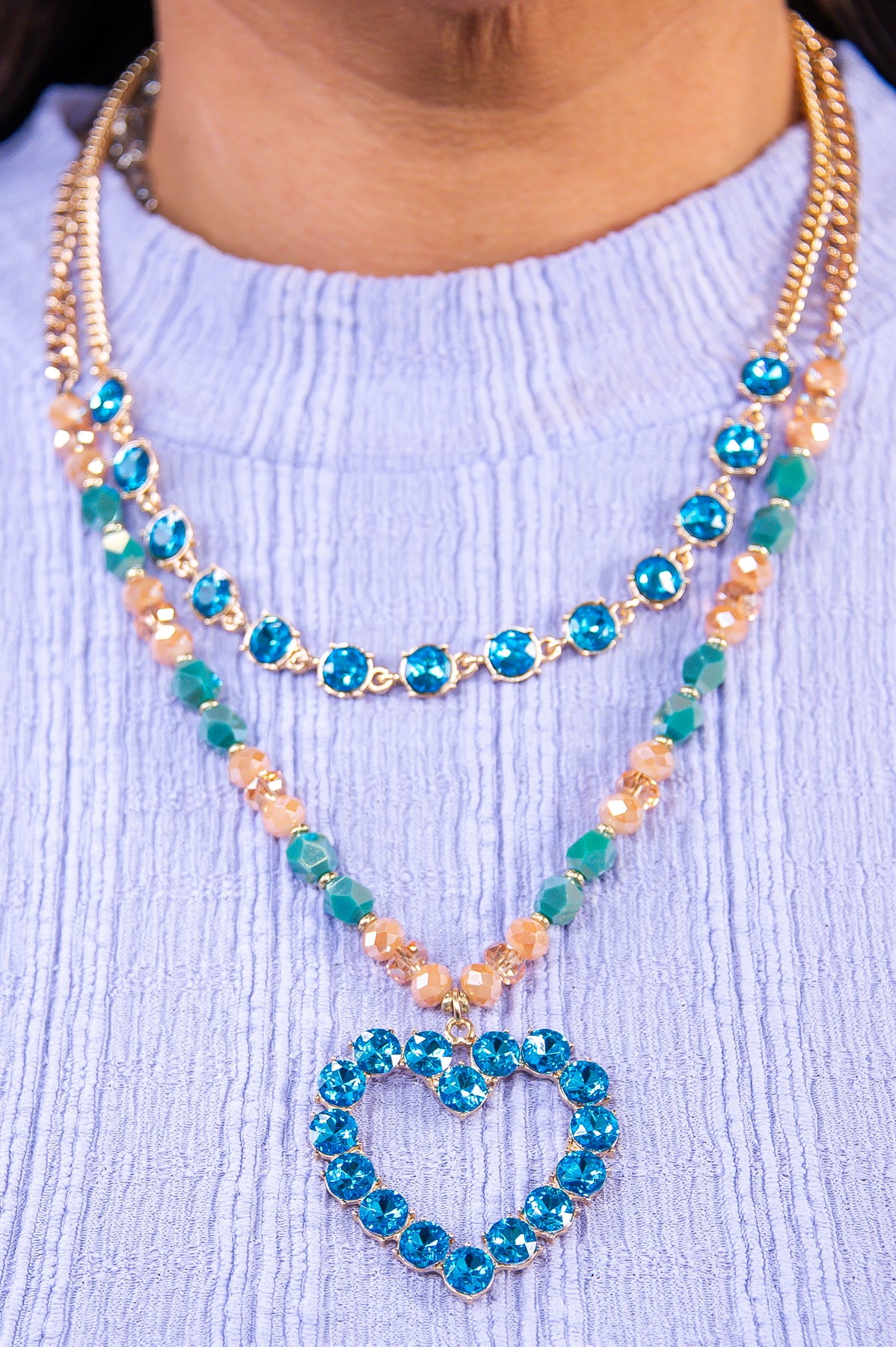Turquoise/Gold Layered Bling Heart Necklace - NEK4323TU