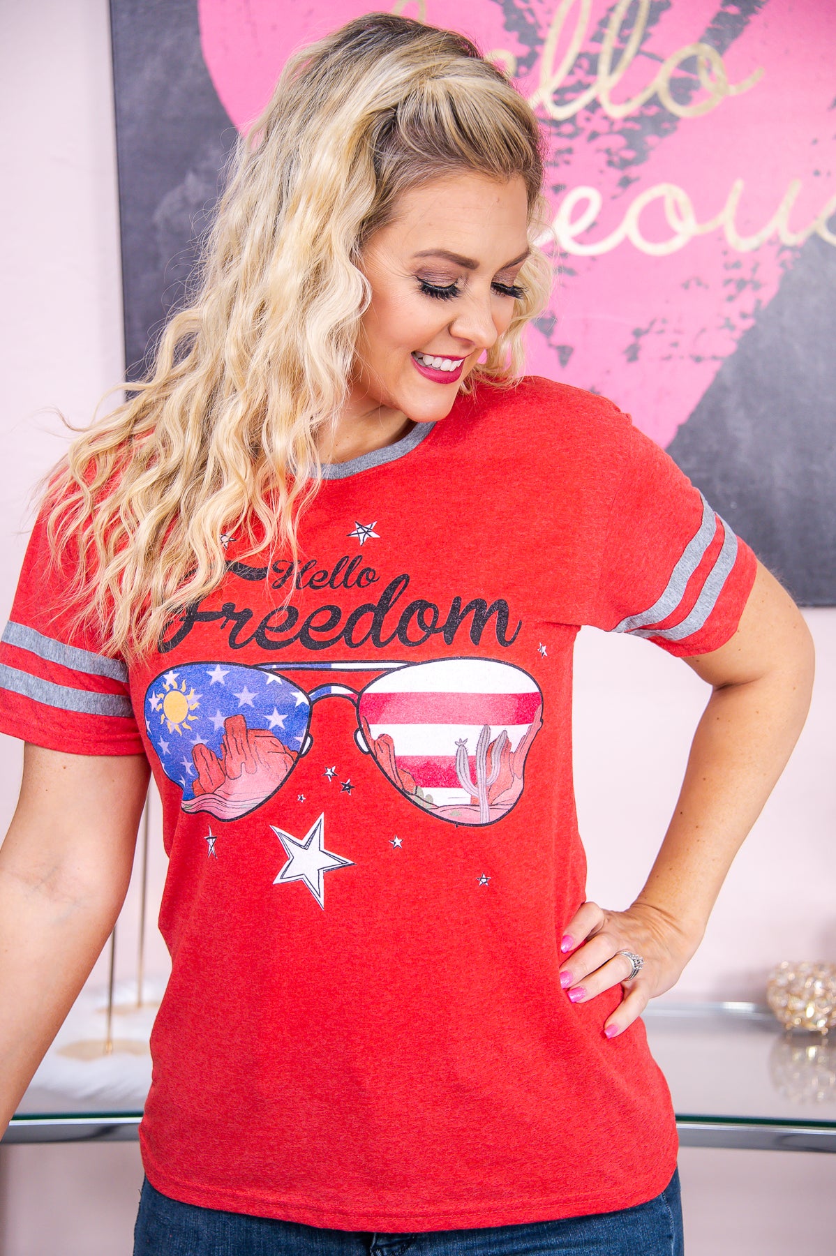 Hello Freedom Fiery Red/Oxford Graphic Tee - A2809FRD