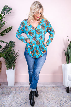 Remarkably Fabulous Heather Turquoise/Multi Color Printed V Neck Top - T8685HT