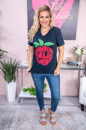 Strawberry Fields Forever Black Mineral Wash V Neck Graphic Tee - A2801BK