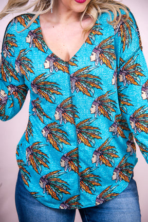 Remarkably Fabulous Heather Turquoise/Multi Color Printed V Neck Top - T8685HT