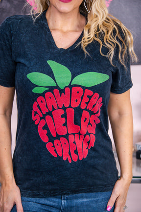 Strawberry Fields Forever Black Mineral Wash V Neck Graphic Tee - A2801BK