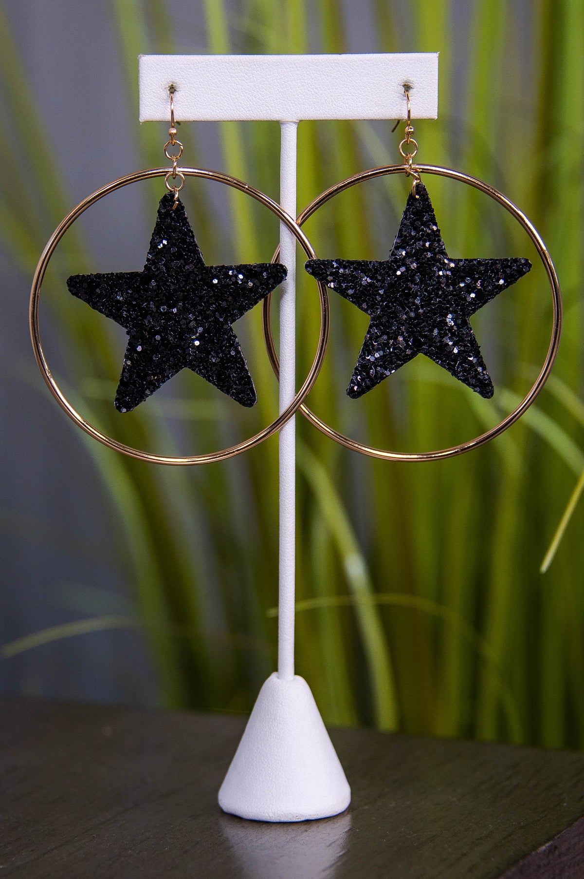 Black Glitter Star Gold Hoop Earrings - EAR4365BK