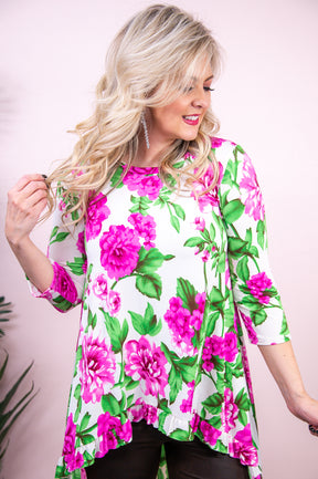 Live Simply Bloom Wildly Ivory/Multi Color Floral High-Low Tunic - T8697IV