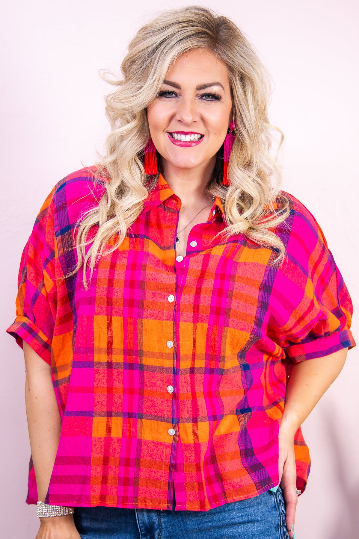 Life Is What You Make It Fuchsia/Multi Color Plaid High-Low Top - T9448FU