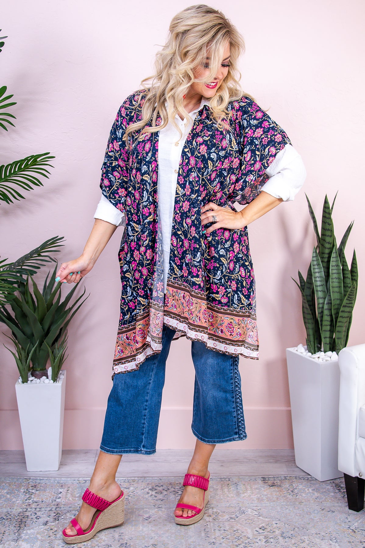 Free Like The Sea Navy/Multi Color Floral Kimono - O5411NV