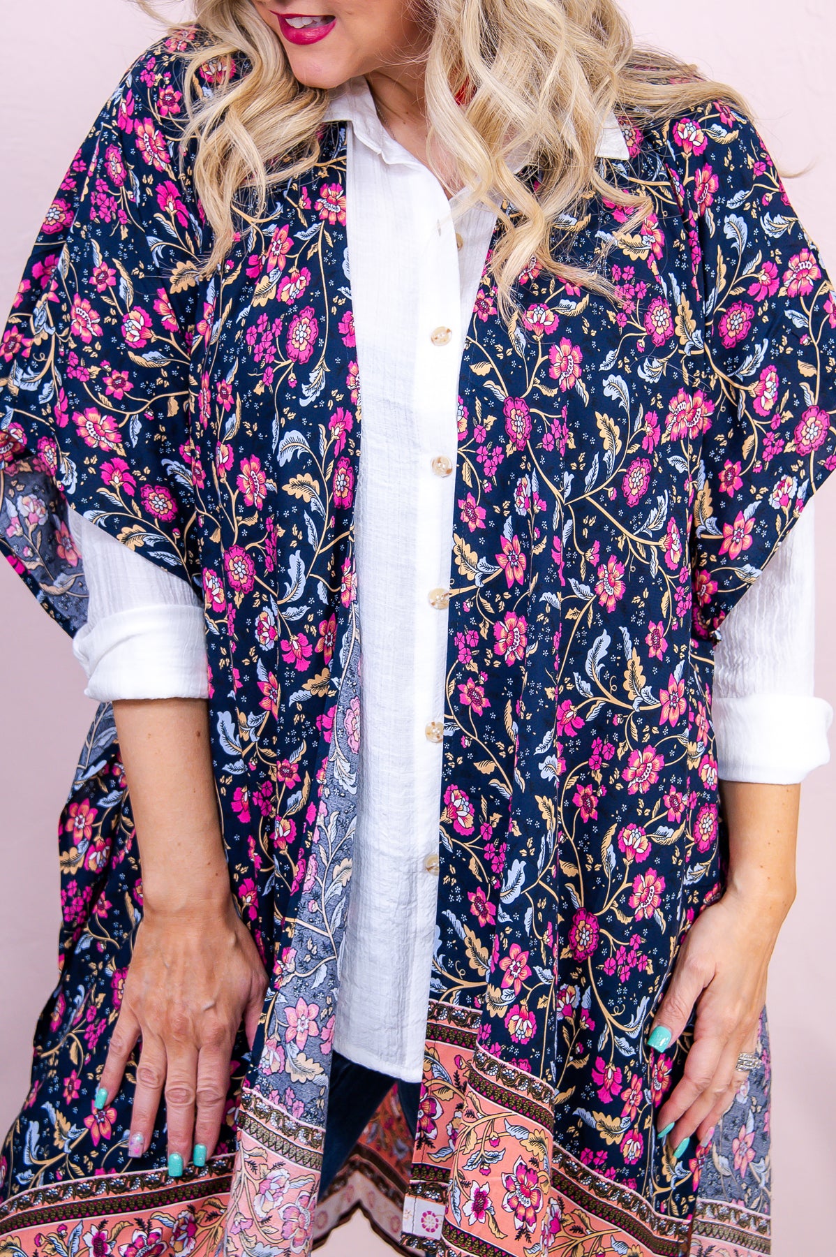 Free Like The Sea Navy/Multi Color Floral Kimono - O5411NV